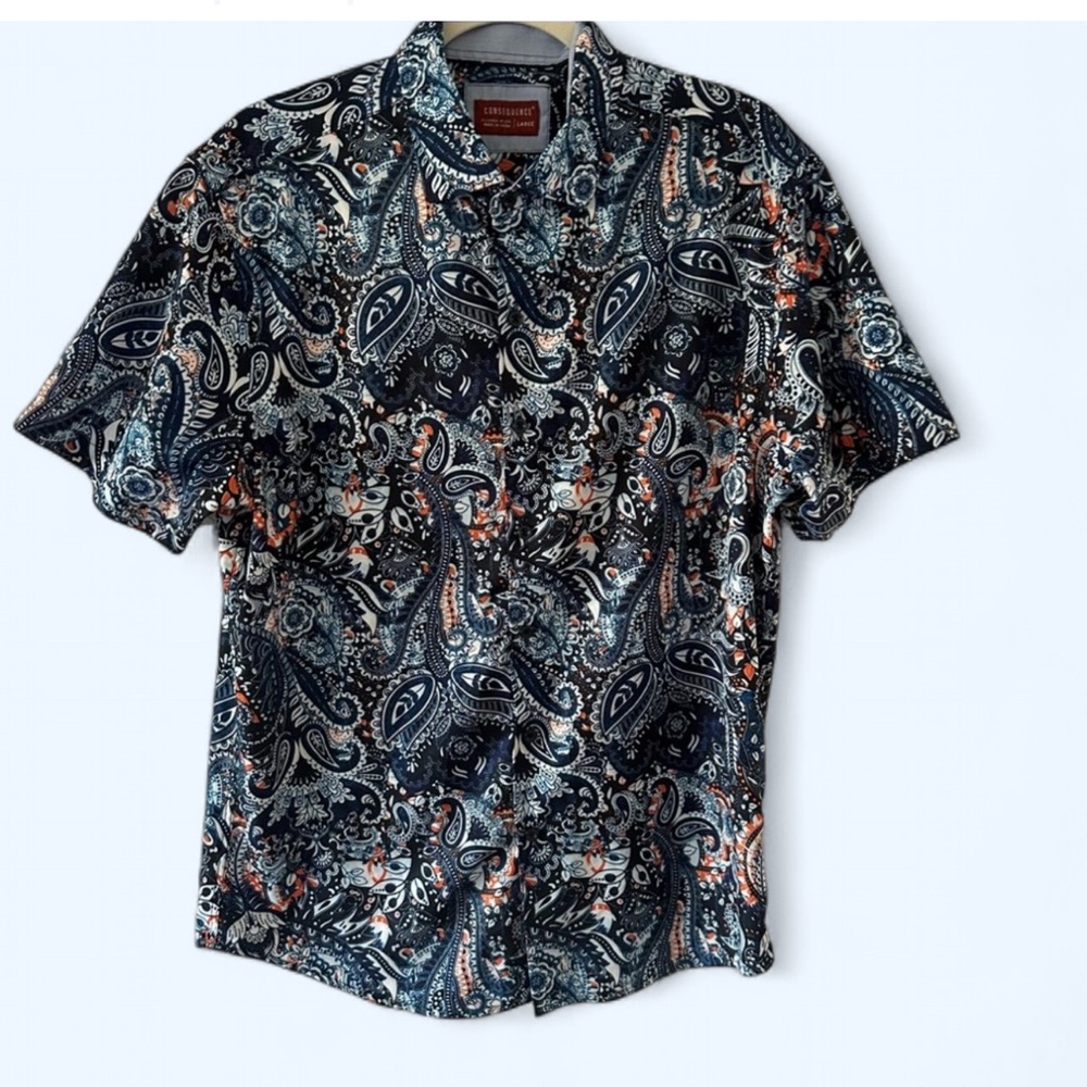 Consequences Blue and Orange Casual Button Down Shirt with Tropical Print